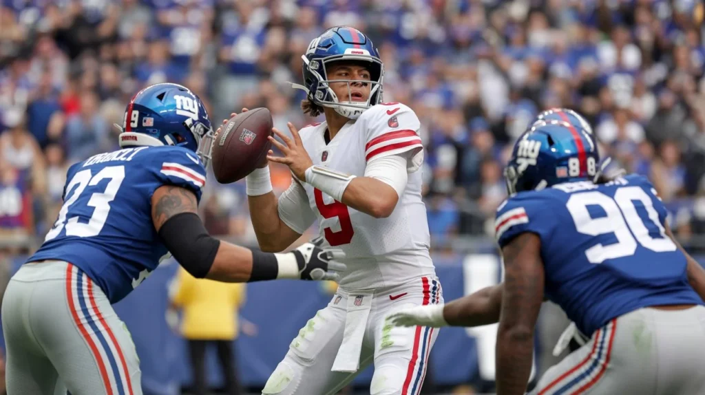Bryce Young under pressure from Giants’ defense, realistic NFL action shot