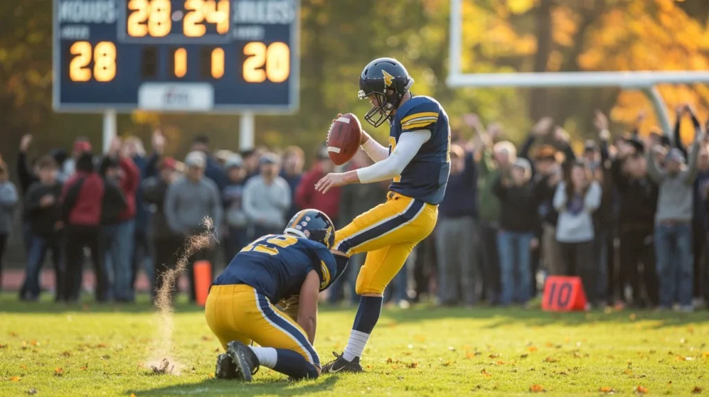 Football field goal moment under pressure with scoreboard visible