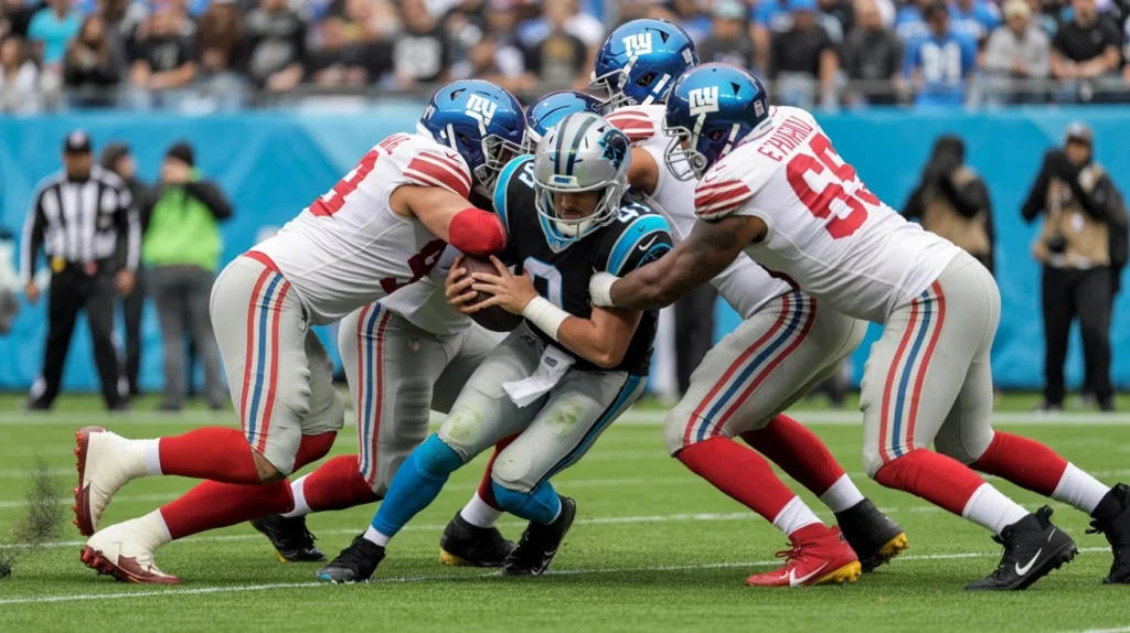 Giants defensive line sacking Panthers quarterback in dramatic fashion