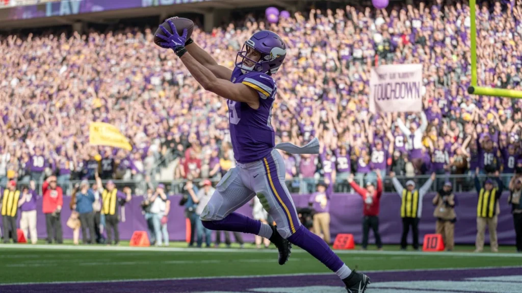Adam Thielen making a touchdown catch in front of roaring crowd